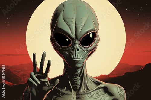 Alien in front of the full moon. 3D illustration. Retro style. UFO. Humanoid. Alien. Sci Fi Concept With Copy Space.