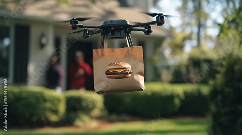 A drone delivers a burger in a bag, showcasing modern food delivery technology.