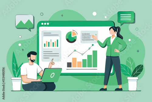 Business meeting presentation, people discussing data charts on big screen, green color theme, office collaboration, project analysis, vector illustration of teamwork.