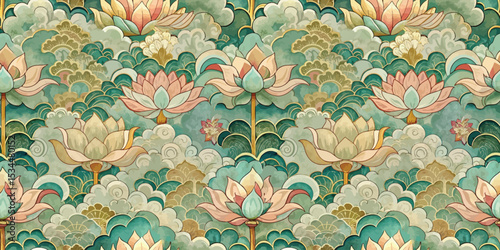 Elegant lotus flower pattern with serene aqua and pastel tones.