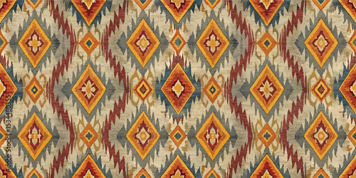 Colorful geometric patterned textile design featuring diamonds and vibrant shapes.