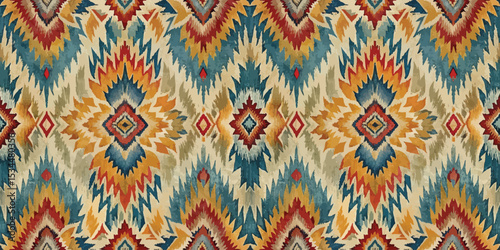 Vibrant geometric pattern with warm tones and intricate designs.