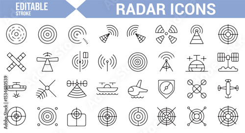 Radar technology icons featuring wave patterns, detection, and satellite signals for aviation and mapping.