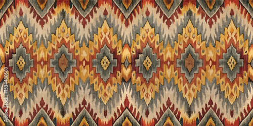 Colorful geometric patterned textile with vibrant shades of red, yellow, and blue.