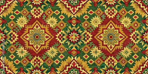 Vibrant geometric pattern featuring intricate designs in red, green, and yellow hues.