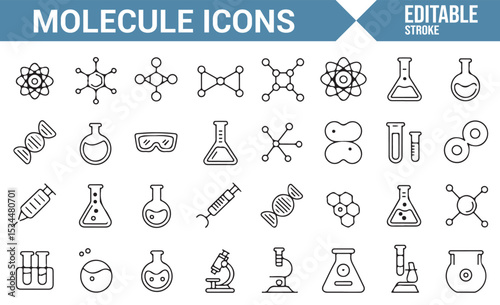 Icons representing molecules, atoms, and chemical experiments for educational and scientific use.