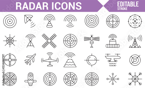 Icons for radar communication, including satellite signals, wave patterns, and detection systems for navigation.