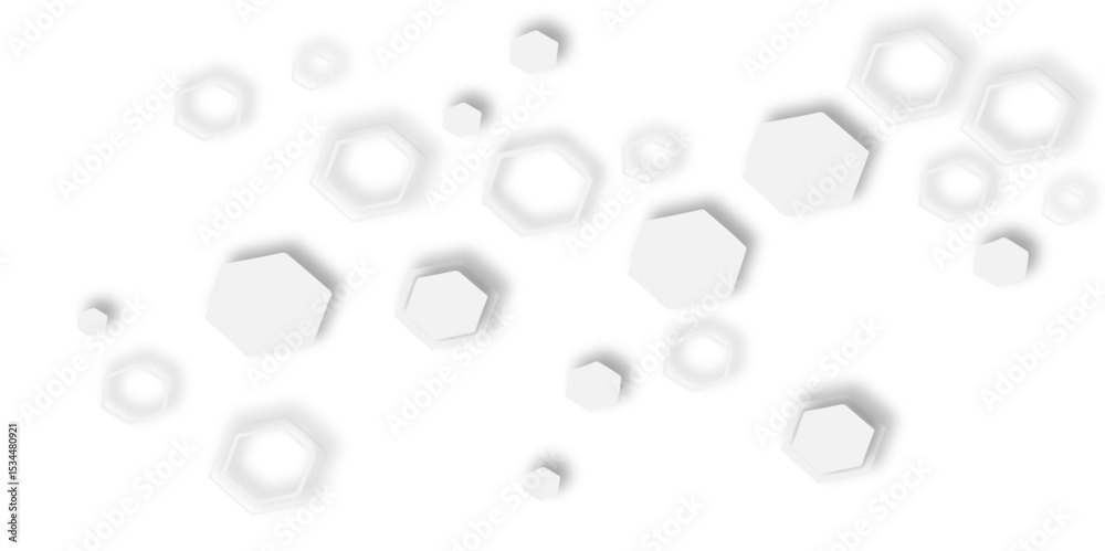 Floating white hexagons and circles with creating a subtle pattern soft shadows  plain white background.