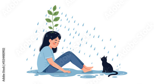 Young female child sad sitting in rain with cat and plants on head vector illustration