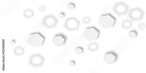 Floating white hexagons and circles with creating a subtle pattern soft shadows  plain white background.