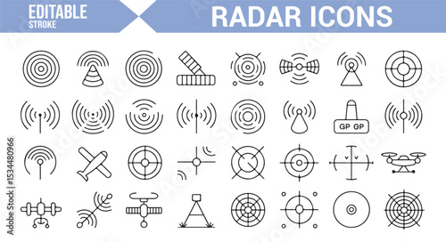 Icons collection featuring radar systems, wave signals, and detection tools for aviation, military, and mapping applications.