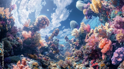 Wallpaper Mural Vibrant coral reef underwater scene with diverse colorful corals and marine life under a bright sky. Torontodigital.ca