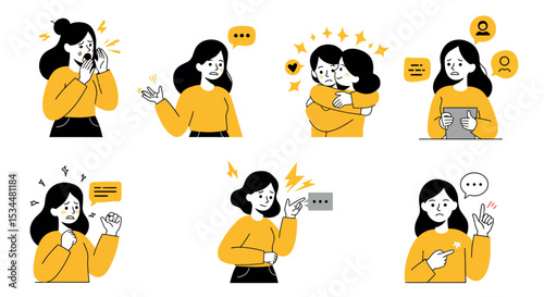Asian female characters displaying various emotions and interactions in illustrations vector illustration