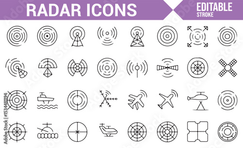 Simple radar icon set representing wave patterns, satellites, and antenna systems for security and communication applications.
