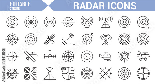 Collection of radar technology icons with antennas, wave patterns, and satellite signals for security and telecommunications designs.