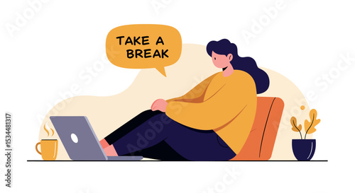 Asian female relaxing with coffee and laptop plant break message vector illustration