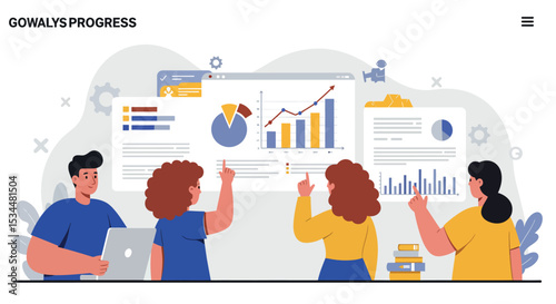 Diverse team analyzing graphs and charts - collaborative business meeting vector illustration