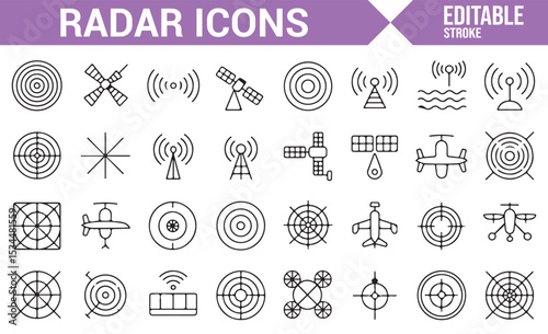 Radar icons collection for aviation, military, and technology-related designs, including signal patterns and antennas.