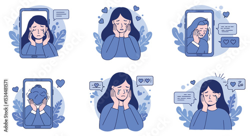 Sad female emotions in digital communication - illustrations of a young caucasian woman vector illustration