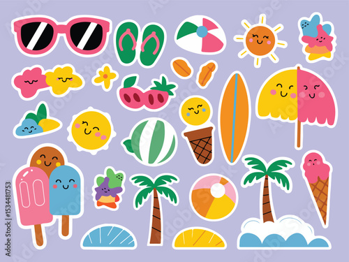 Cute Summer Stickers Bundle with Beach, Ice Cream, and Sunshine Elements Vector Illustration