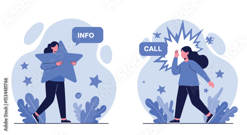 Female character displaying info and call actions in abstract background vector illustration