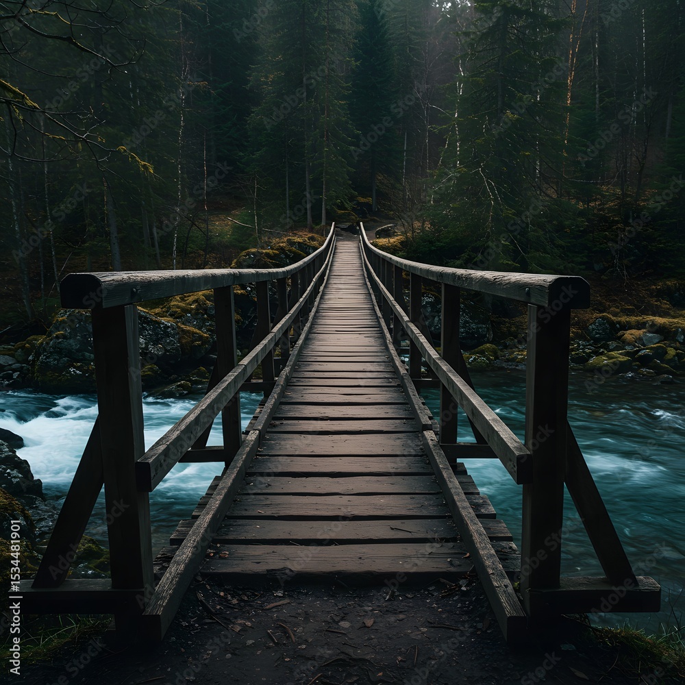 Fototapeta premium Wooden Bridge Over River in Forest