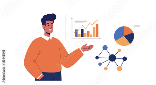 Young african male presenting data analytics with graphs and charts vector illustration
