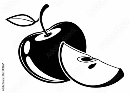 Simple black silhouette icon of an apple with a curved shape, short stem, and single leaf in flat vector style
