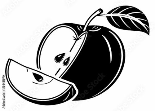 Simple black silhouette icon of an apple with a curved shape, short stem, and single leaf in flat vector style
