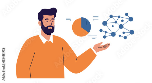 Male presenting data analysis with graphs and networks vector illustration