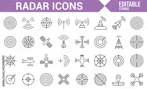 Set of radar icons featuring antennas, satellite signals, and detection systems for technology and communication.