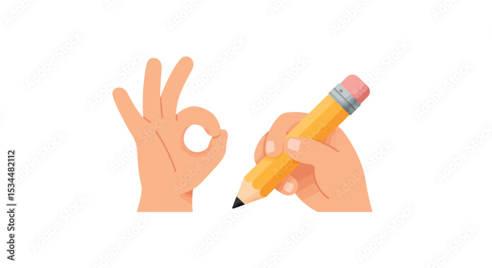 Hands making ok gesture and holding pencil with eraser vector illustration Hands making ok gesture and holding pencil with eraser vector illustration