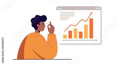Male analyzing growth chart with rising graph and statistics vector illustration