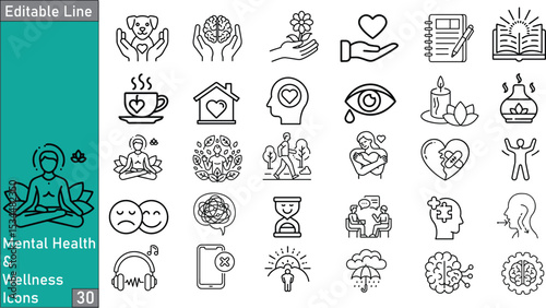 30 Monoline Icons – Mental Health, Wellness, Self-Care & Therapy Concepts for Modern UI and Infographic Design