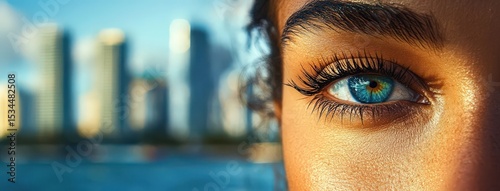 Close-up of a blue-eyed womans eye reflecting Miami cityscape, macro shot, natural makeup, detailed skin texture, long eyelashes, and sharp high-resolution detail. photo