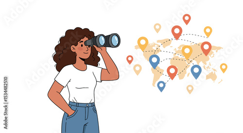 Young african female exploring global destinations with binoculars vector illustration