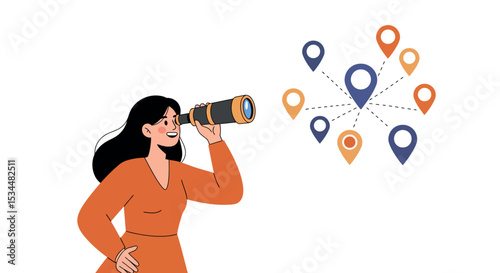 Young adult caucasian female exploring locations with telescope and map pins vector illustration