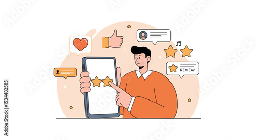 Male caucasian young adult reviewing product on smartphone with ratings and feedback icons vector illustration