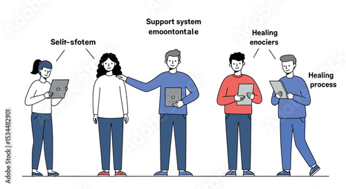 Group of young adults engaged in collaborative learning and emotional well-being activities vector illustration