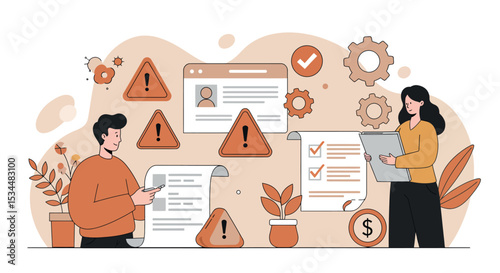 Young caucasian male and female analyzing documents and data amid alert icons and gears vector illustration