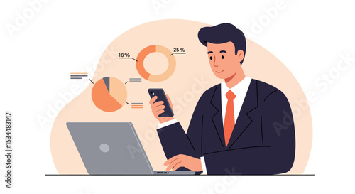 Young asian male business analyst reviewing data on laptop and smartphone vector illustration