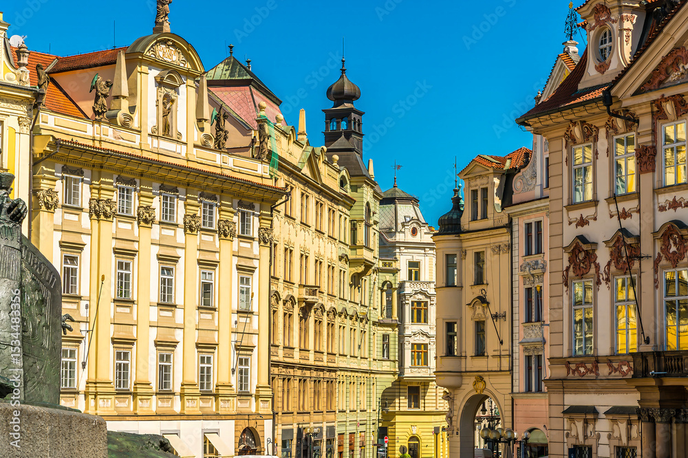 Fototapeta premium A view down a street leading away from the old town square in central Prague in springtime