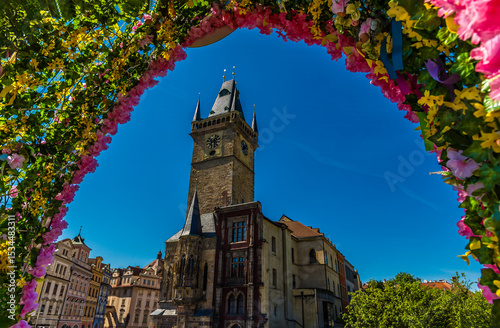A flower shrouded view southwest from the centre of the old town square in central Prague in springtime