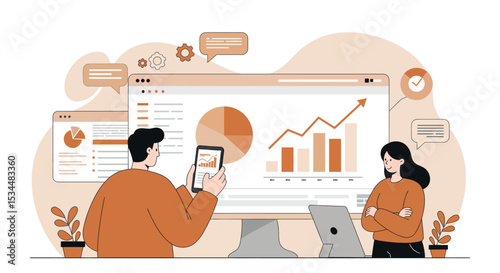 Male and female adults analyzing business data on digital screens vector illustration