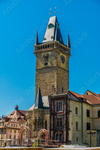 A view southwest across the old town square in central Prague in springtime