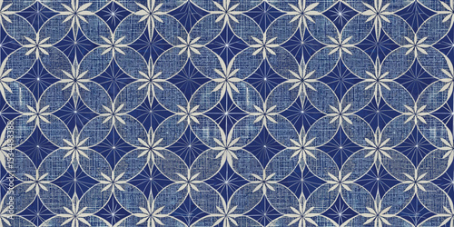 Intricate blue and white geometric pattern with floral designs.