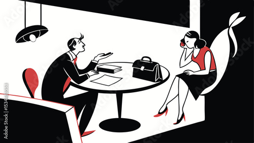 Stylized illustration of a business meeting featuring two individuals conversing at a circular table with briefcase and papers.