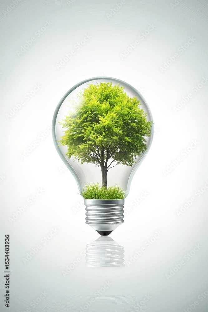 A green tree inside a light bulb, isolated on a white background. This concept represents eco-friendly energy and green technology. The image is photo-realistic. A green tree inside a light bulb, isolated on a white background. This concept represents eco-friendly energy and green technology. The image is photo-realistic.