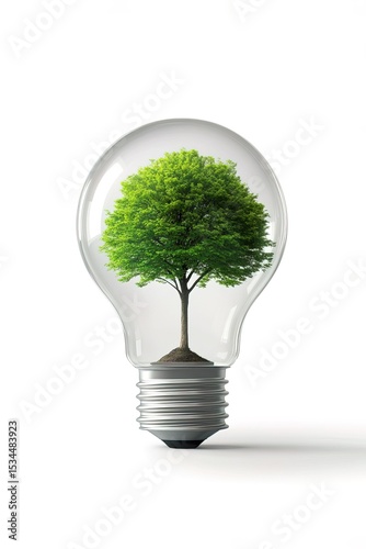 A green tree inside a light bulb, isolated on a white background. This concept represents eco-friendly energy and green technology. The image is photo-realistic.