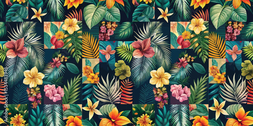 Vibrant tropical floral pattern featuring lush leaves and vivid flowers.